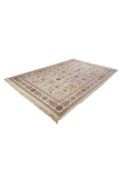 Machine-woven rug 300x200 cm, beige ornamental pattern with a red border and fringes