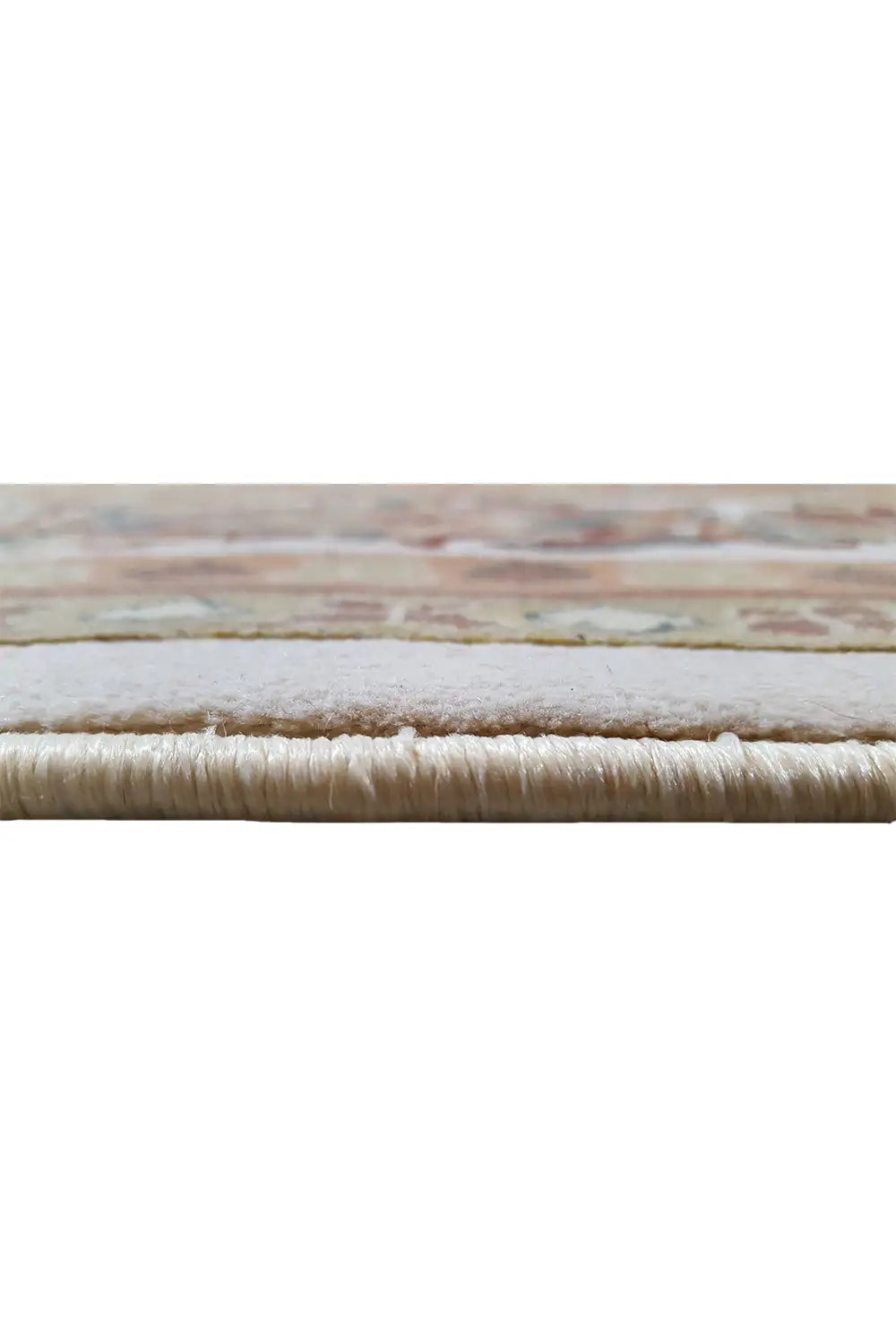 Machine-woven rug 300x200 cm, close-up of the edge with fringe and beige pile