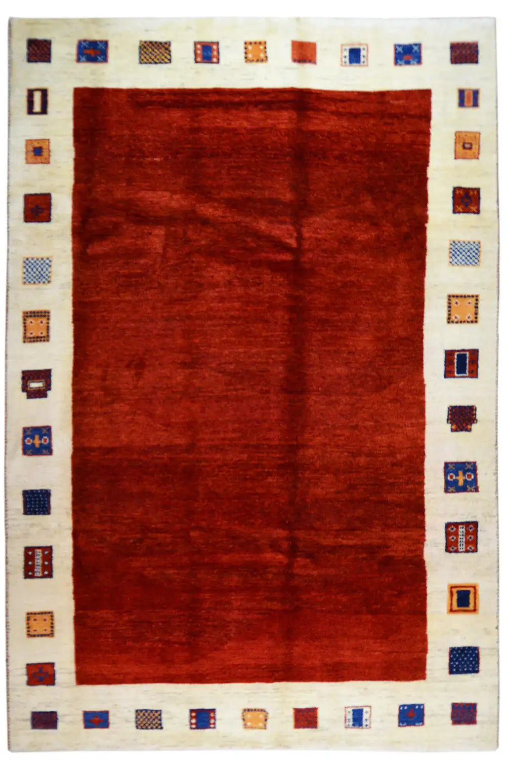 Gabbeh rug 297x202 cm, rectangular, red central field with a multicolored border band
