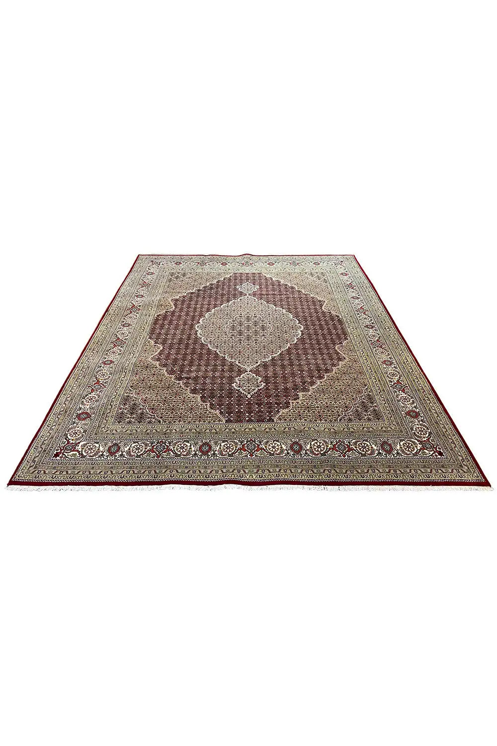 Indo Tabriz rug with a large central medallion and border, beige-brown