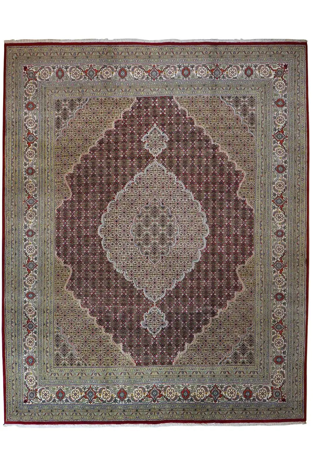 Indo Tabriz rug with a medallion pattern in beige, brown, and red, square