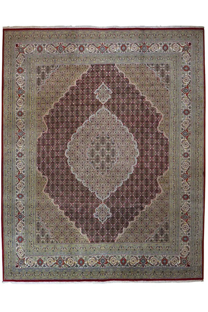 Indo Tabriz rug with a medallion pattern in beige, brown, and red, square