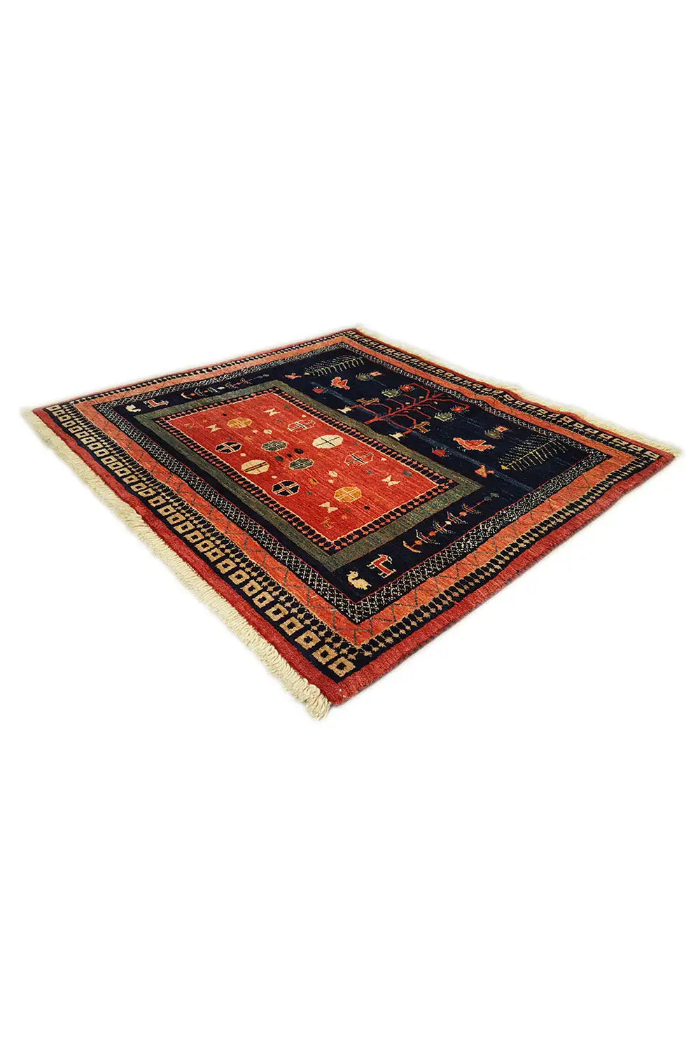 Qashqai exclusive rug 86x95 cm, dark blue with a red medallion and geometric border