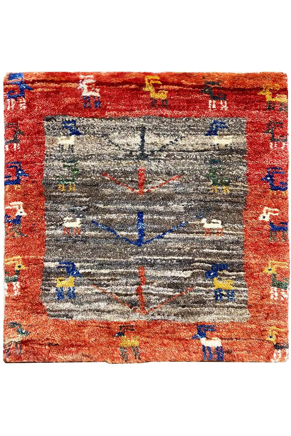 Square Gabbeh rug, gray center and reddish-brown border with colorful motifs