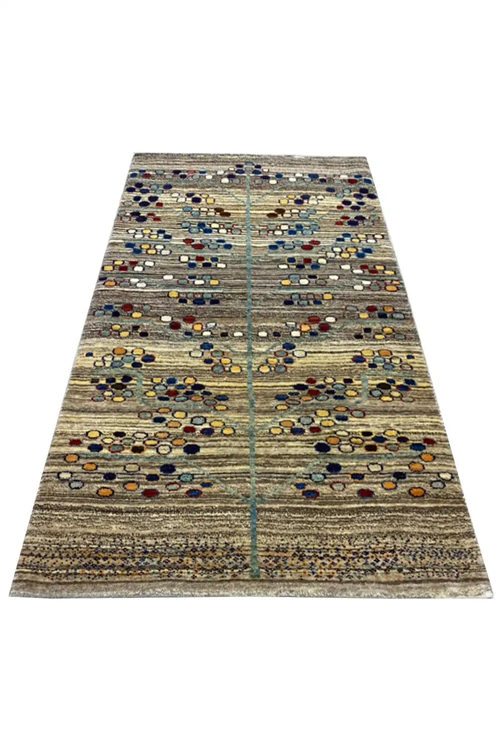 Gabbeh rug 142x82 cm with large-scale ornamental pattern in beige, blue, red and yellow