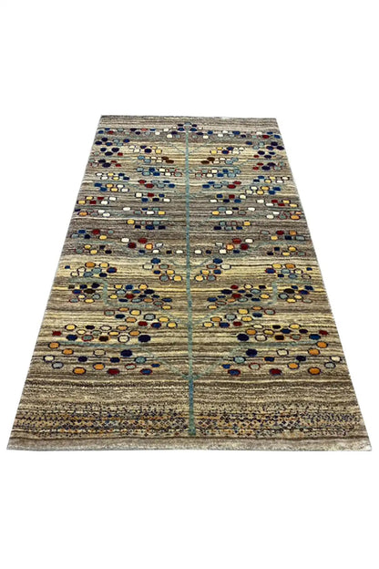 Gabbeh rug 142x82 cm with large-scale ornamental pattern in beige, blue, red and yellow