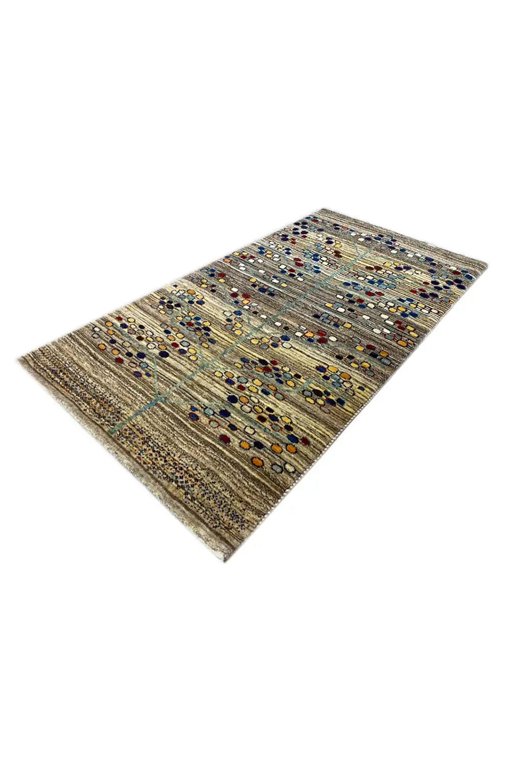 Gabbeh rug 142x82 cm with geometric ornaments in gray-beige and blue