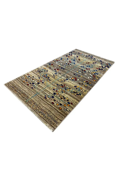 Gabbeh rug 142x82 cm with geometric ornaments in gray-beige and blue
