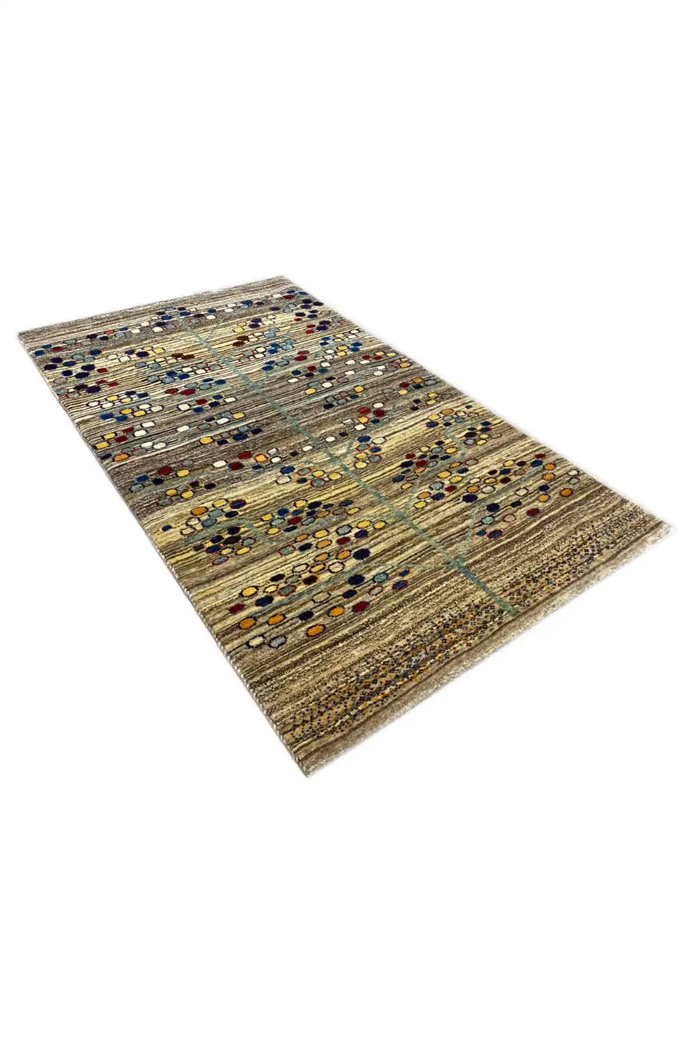 Gabbeh rug 142x82 cm with a decorative border around the edge and short pile in beige