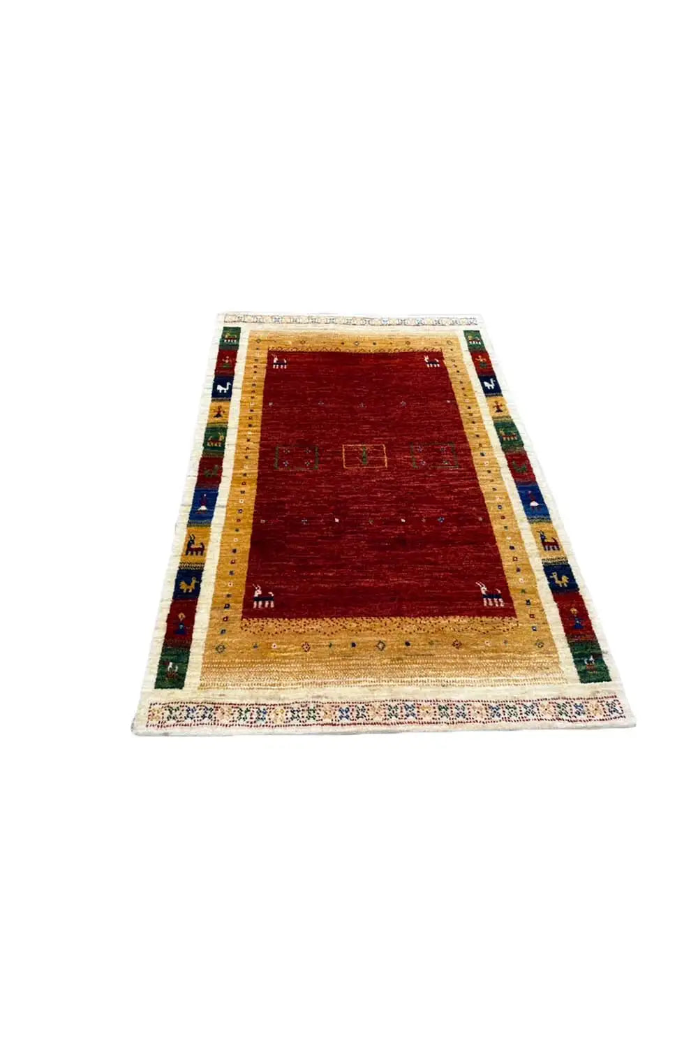 Gabbeh rug (123x80 cm) in angled view: red field, beige border, blue/green accents