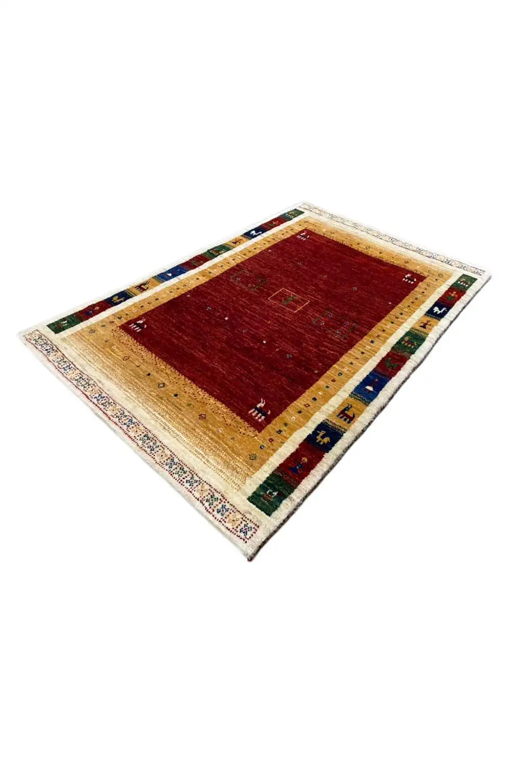 Gabbeh rug (123x80 cm) viewed from the corner: red center, beige border edge