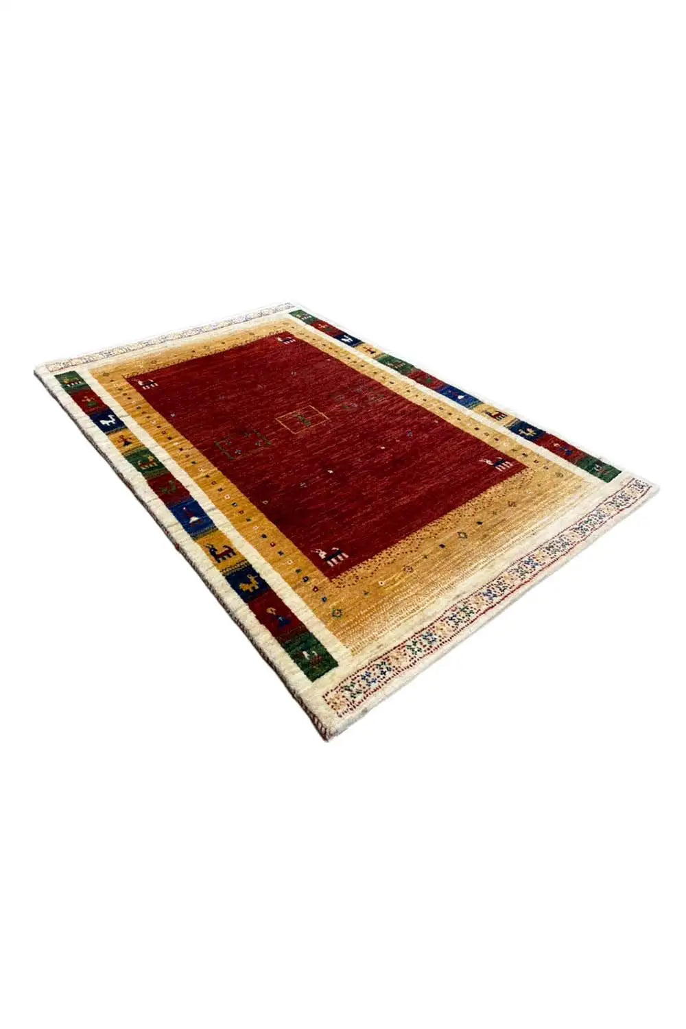 Gabbeh rug (123x80 cm) in three-quarter view: red field, multicolored border