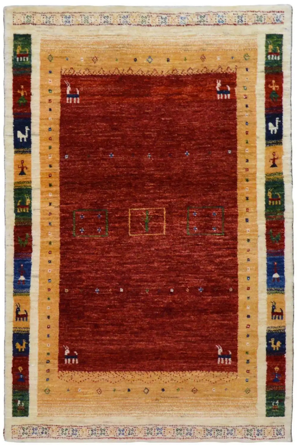 Gabbeh rug (123x80 cm) with a red field and beige border, featuring colorful ornaments
