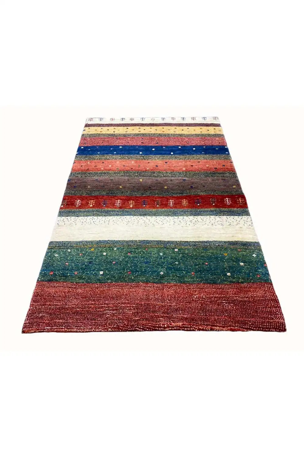 Gabbeh rug 156x101 cm, striped design in red, blue, green, and beige