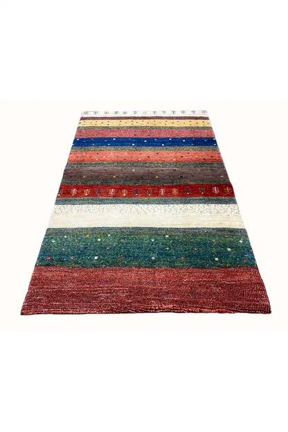 Gabbeh rug 156x101 cm, striped design in red, blue, green, and beige