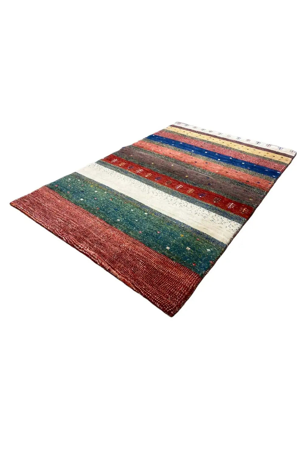 Gabbeh rug 156x101 cm from an angled view: stripes in red, blue, green, and gray