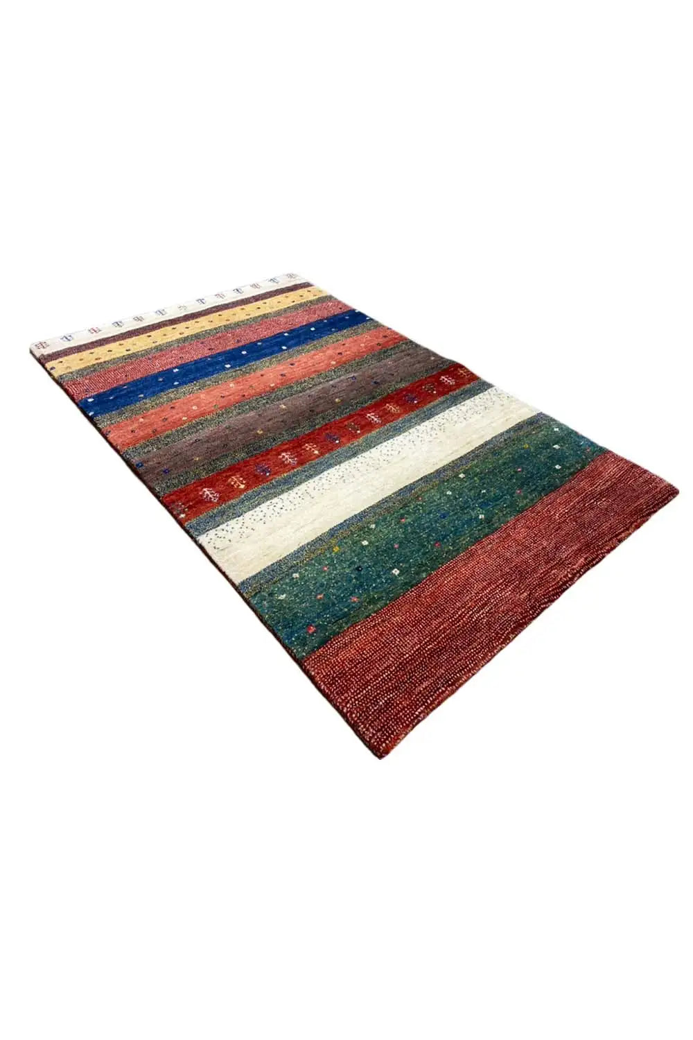 Gabbeh rug 156x101 cm, appearing square-folded: block stripes and patterns