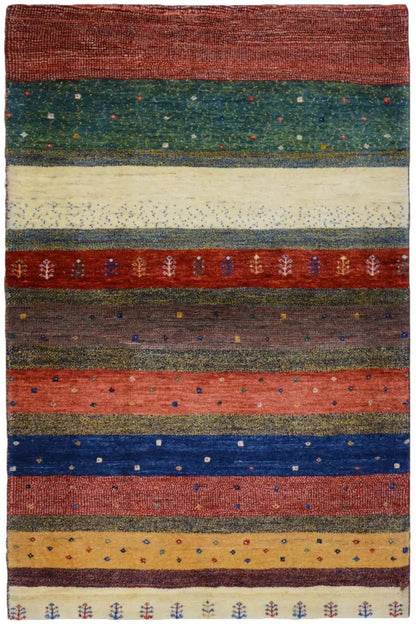 Gabbeh rug 156x101 cm with multicolored stripes and small dot patterns