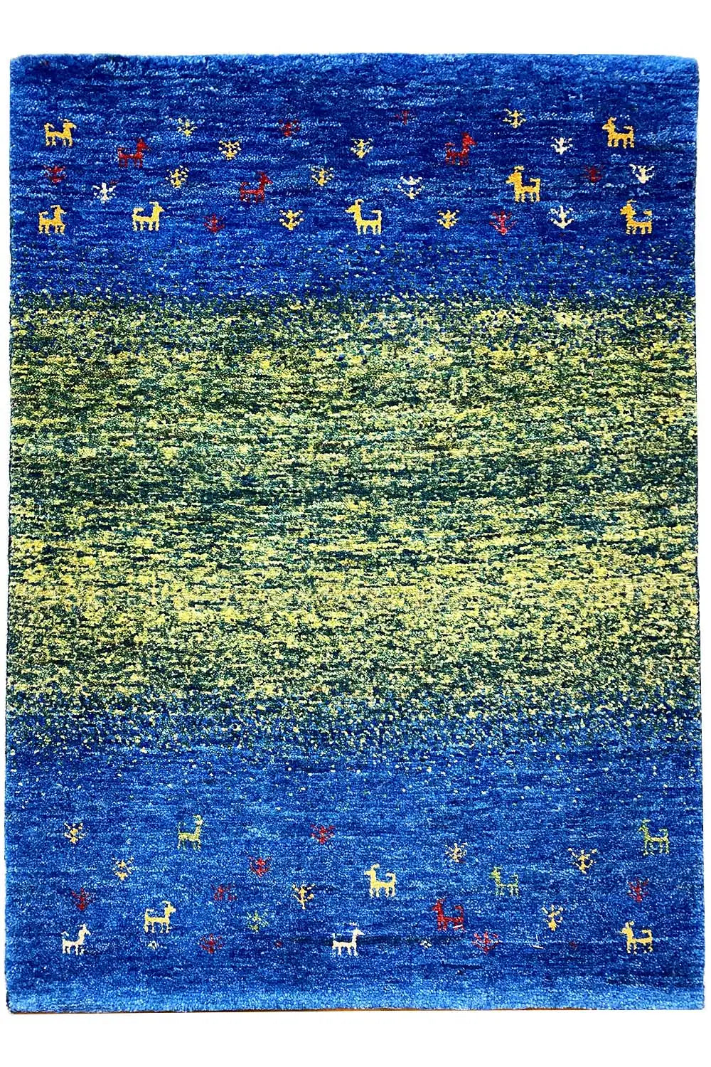 Gabbeh rug Lori (85x61 cm): blue-green rectangular rug with colorful animal motifs