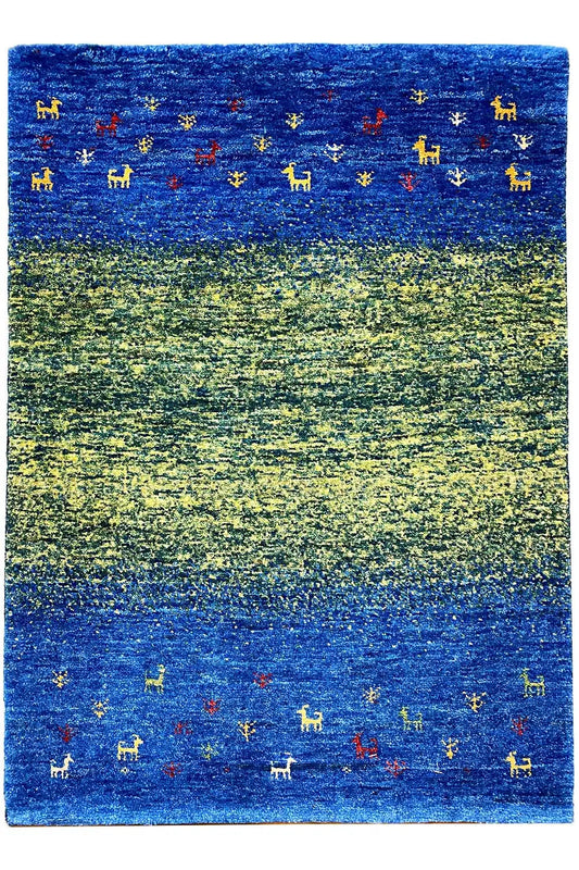 Gabbeh rug Lori (85x61 cm): blue-green rectangular rug with colorful animal motifs