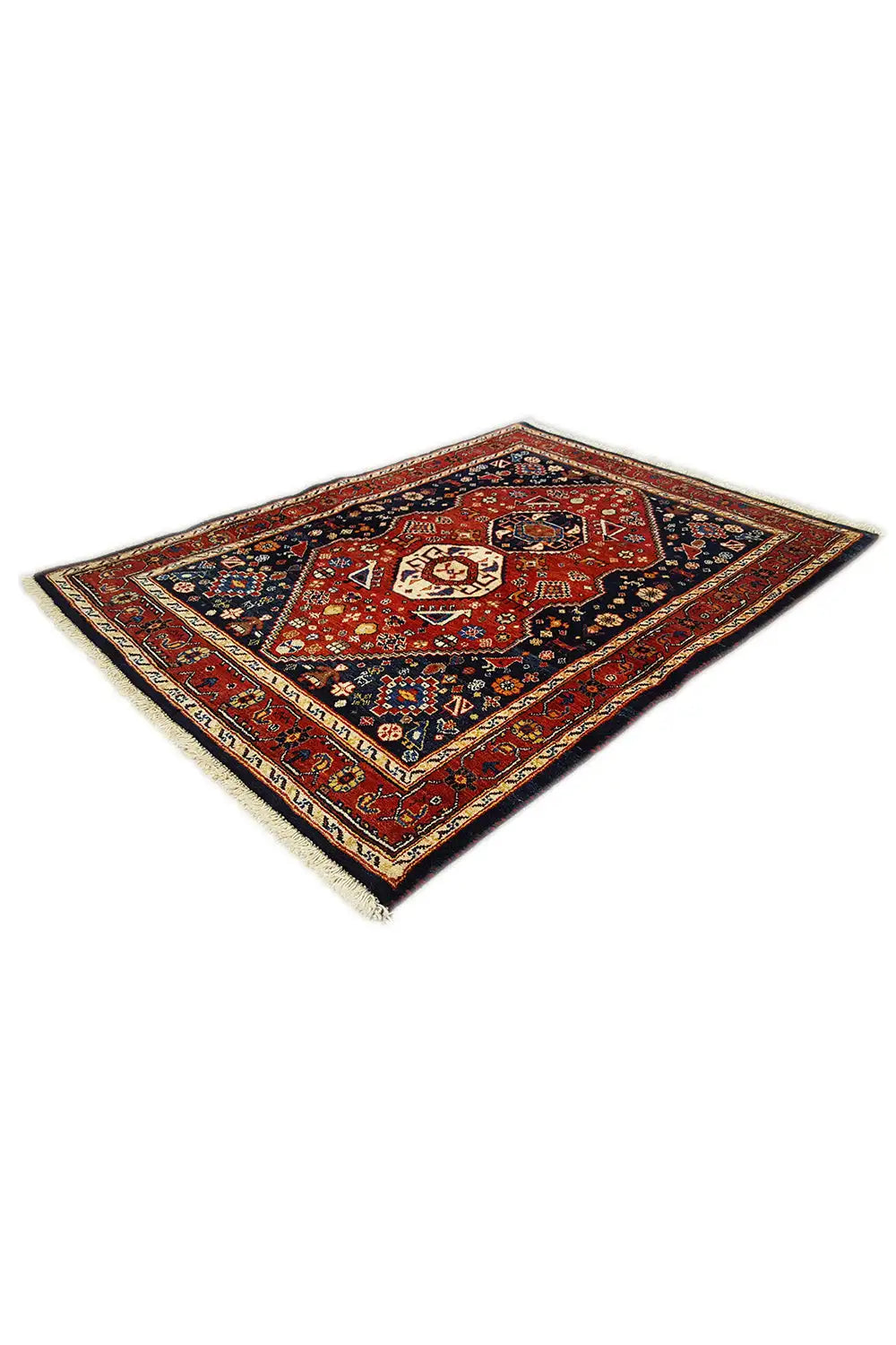 Rectangular rug with a red and blue geometric pattern, rotated layout