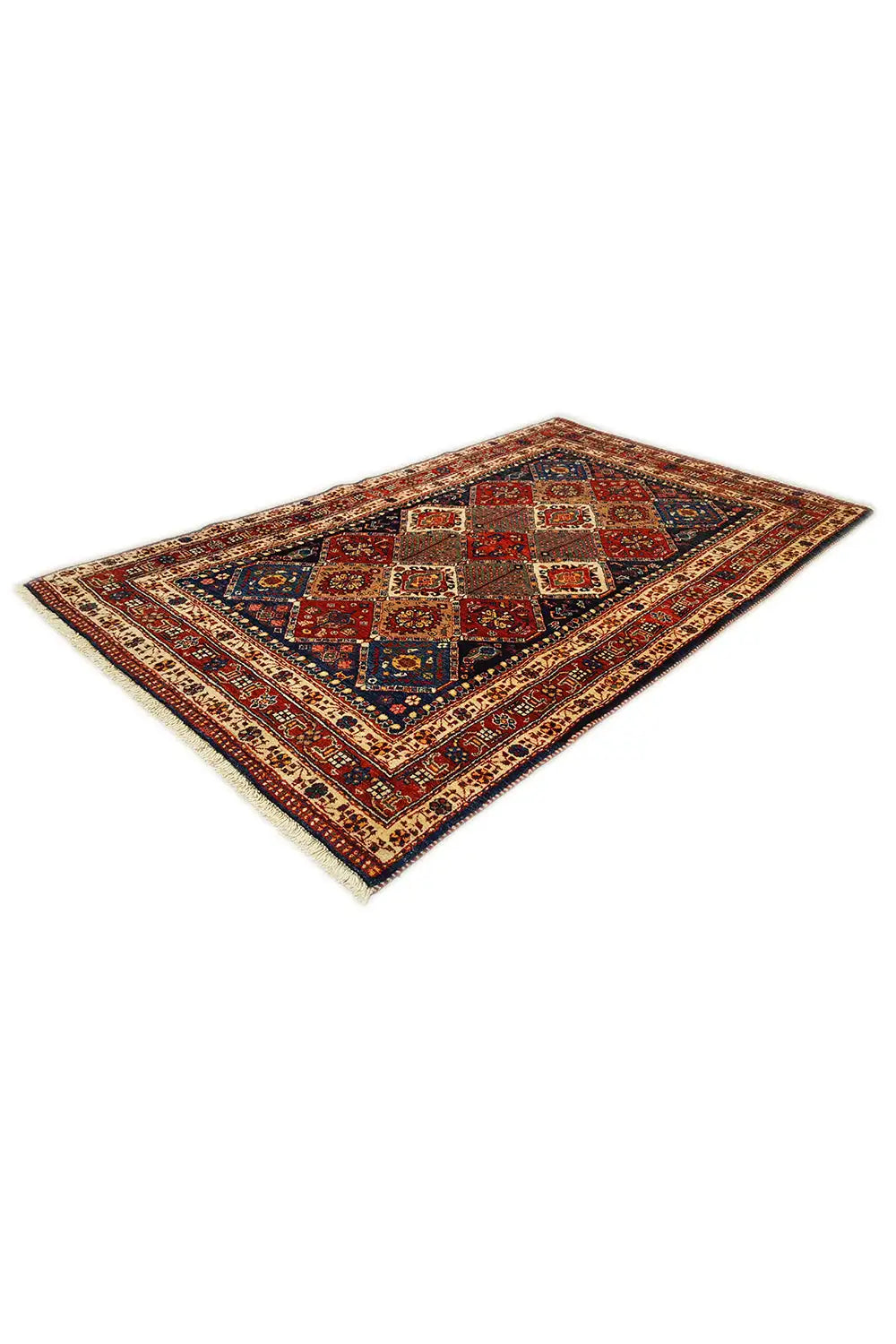 Oriental rug with a geometric pattern in red, blue, and beige, folded into a rectangle