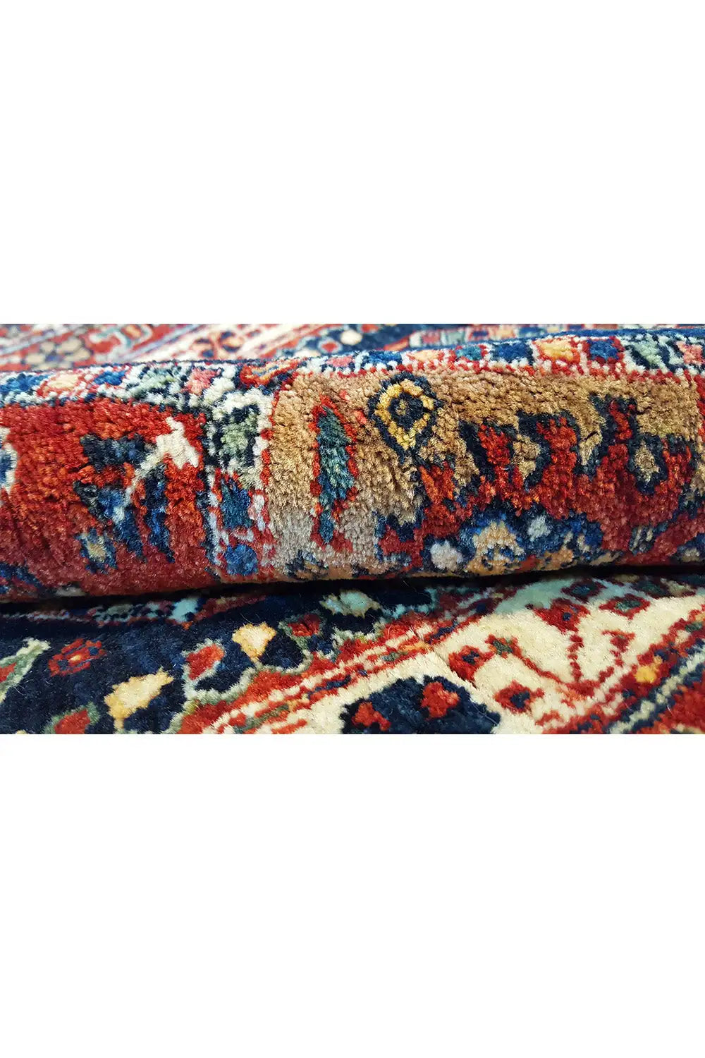 Oriental rug detail with multicolored pile and woven border