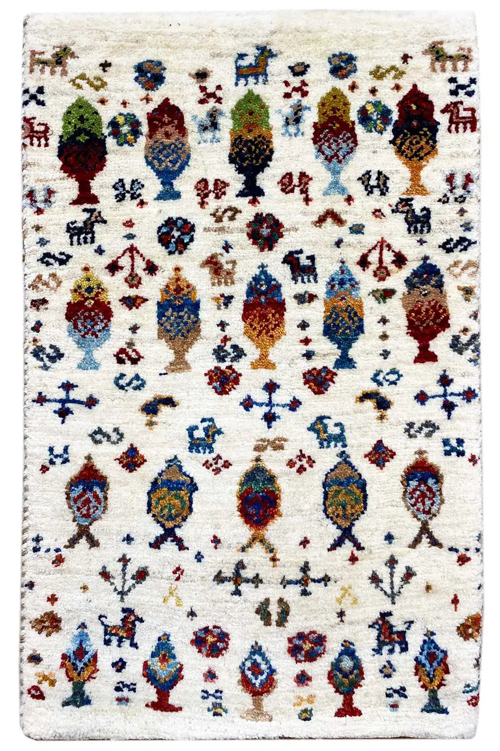 Gabbeh rug 58x37 cm rectangular, cream with colorful bird and figure motifs.