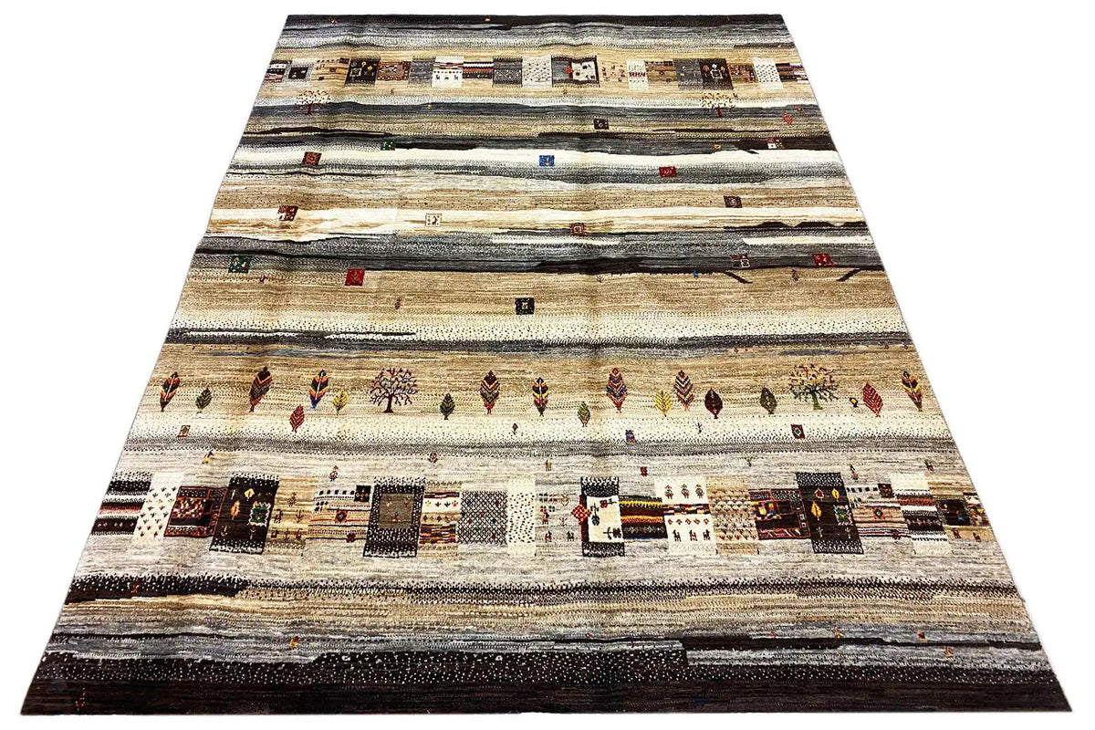 Rectangular rug with a striped pattern and small colored elements, in beige and dark tones