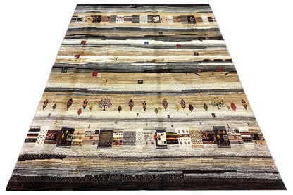 Rectangular rug with a striped pattern and small colored elements, in beige and dark tones