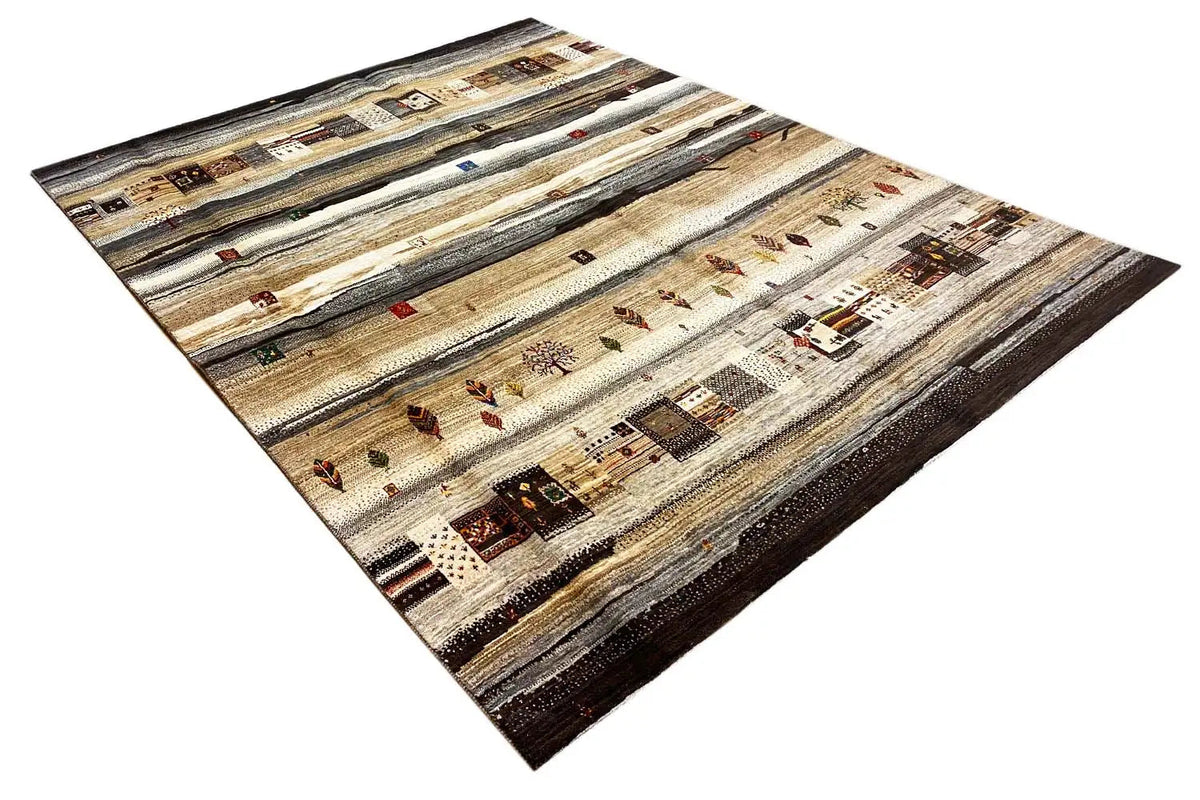 Rug with multicolored details in off-white beige and dark brown, rectangular