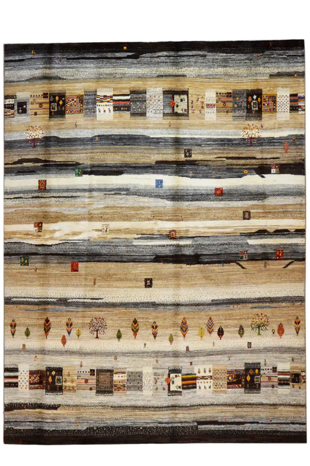 Gabbeh Lori rug, rectangular, striped design in beige, brown, and dark accents