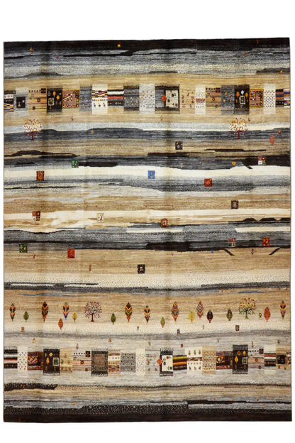 Gabbeh Lori rug, rectangular, striped design in beige, brown, and dark accents