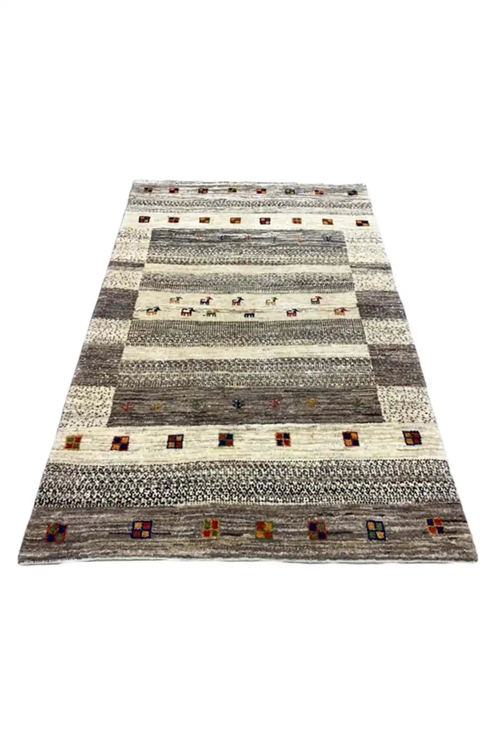 Rectangular flat-woven Gabbeh rug: gray/light beige with colorful rows