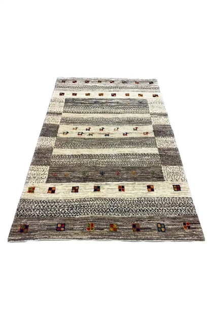 Rectangular flat-woven Gabbeh rug: gray/light beige with colorful rows