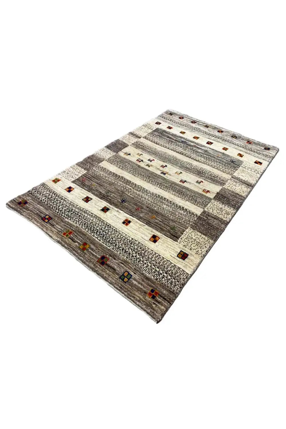 Gabbeh rug, shown at an angle: light beige and gray striped, with colorful motifs