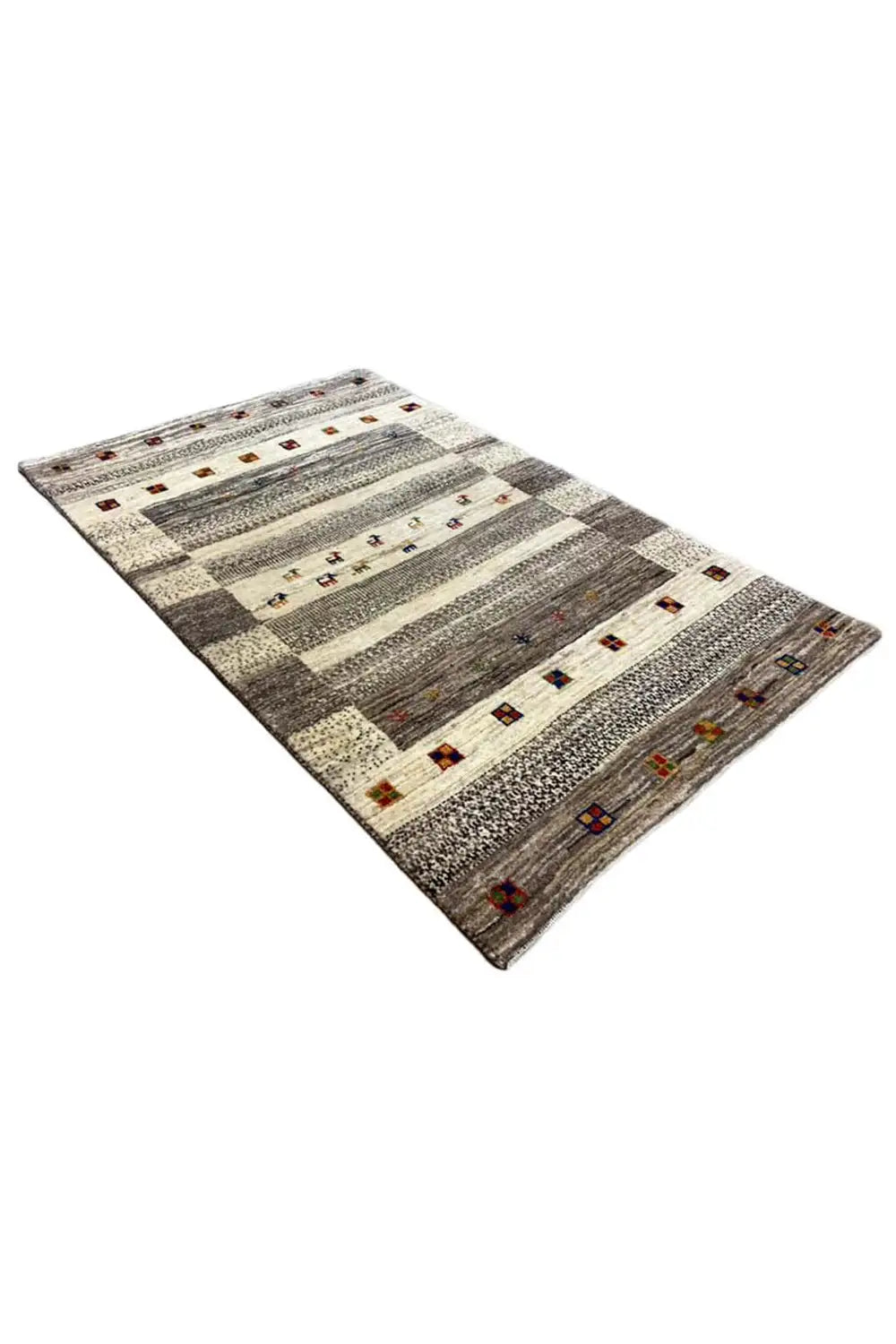 Gabbeh rug, diagonal: light beige and gray stripes, small colorful pictures