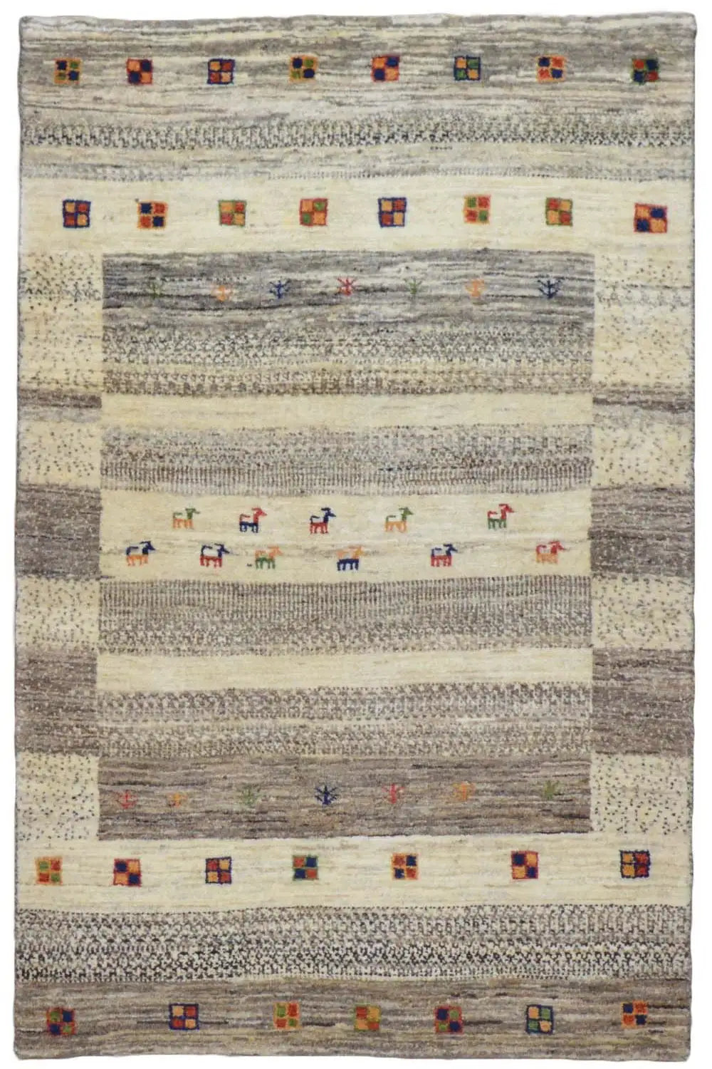 Rectangular Gabbeh rug: light beige, gray striped, with colorful squares