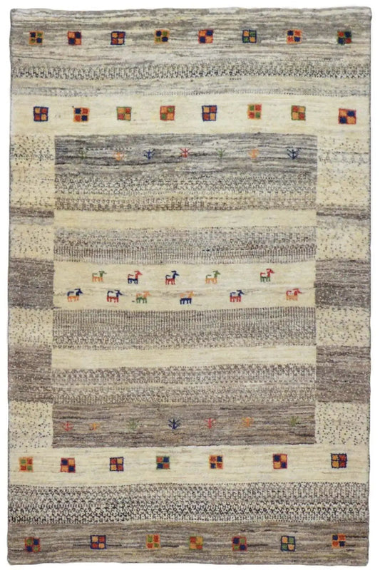 Rectangular Gabbeh rug: light beige, gray striped, with colorful squares