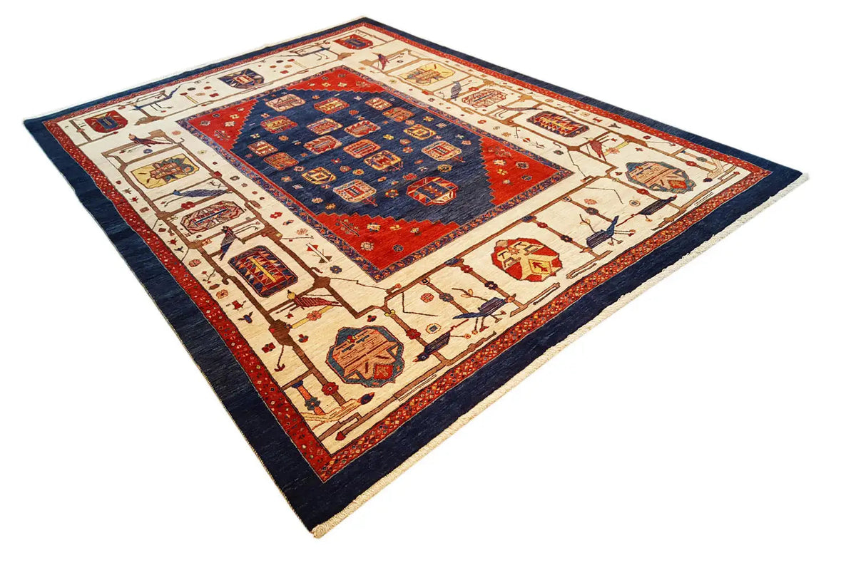 Oriental rug 335x245 cm, diagonal view: blue-red central field with borders