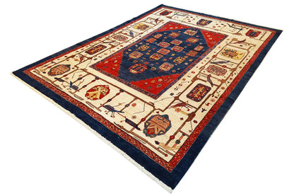 Oriental rug 335x245 cm, viewed from above at an angle: blue-red field with a geometric border