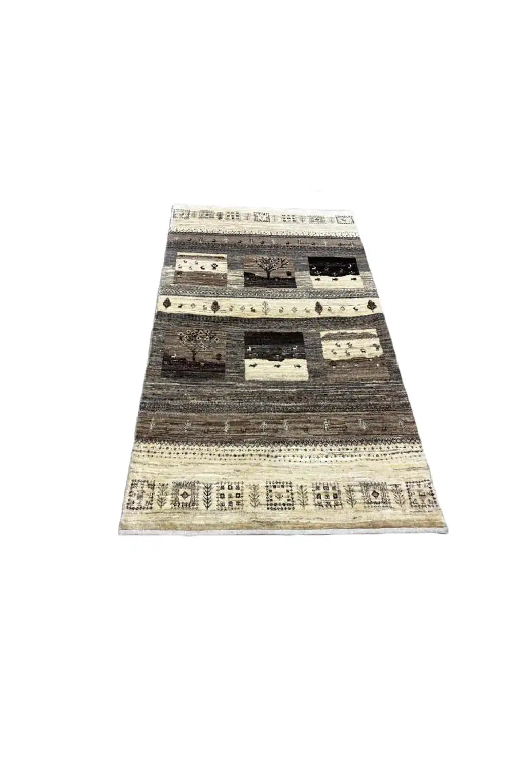 Flatweave rug with a patchwork pattern in beige and dark gray