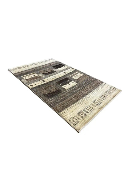 Rug with dark and light bands and block motifs, beige-brown pattern