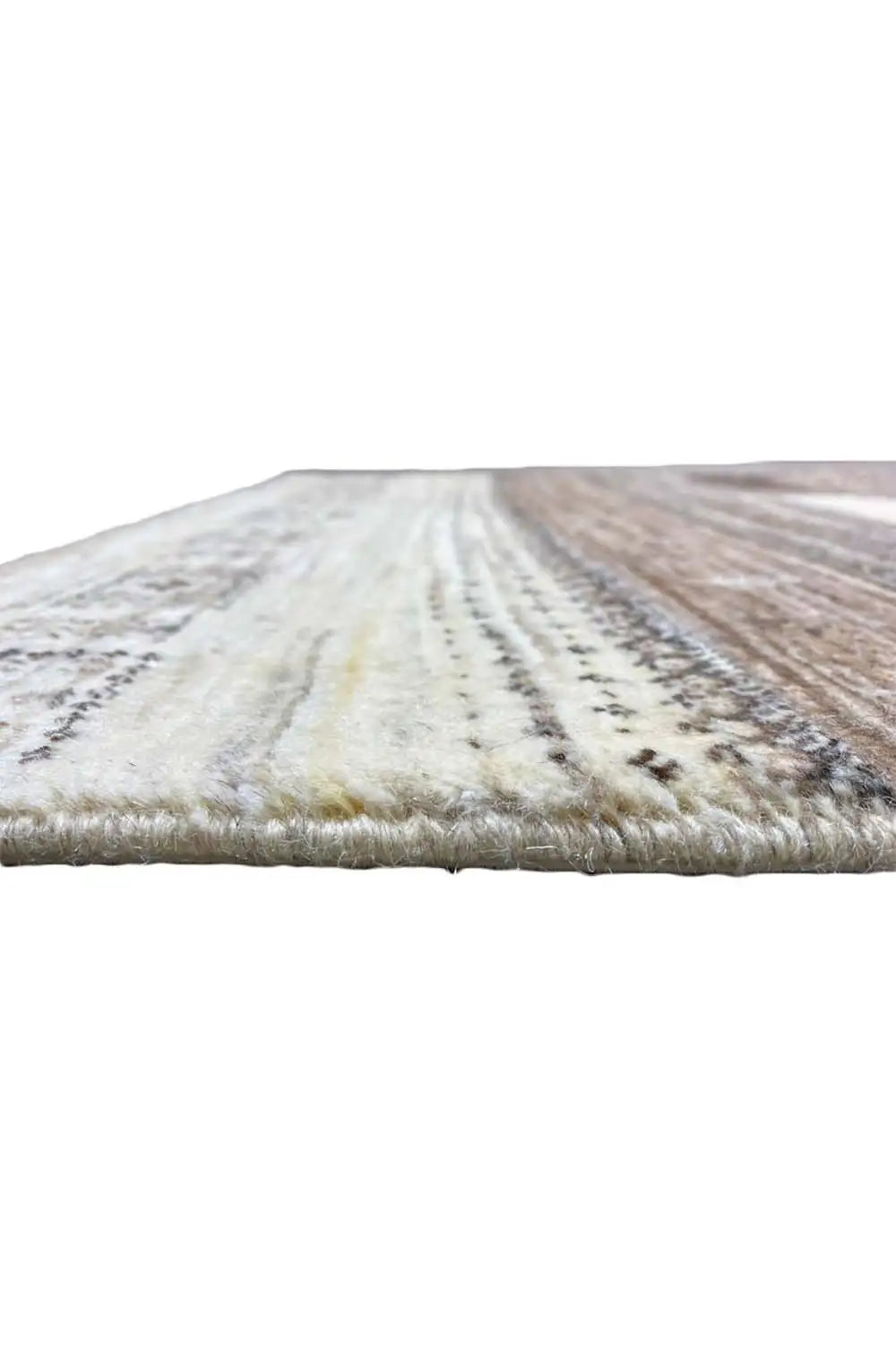 Rug edge with short pile and woven texture, beige and taupe