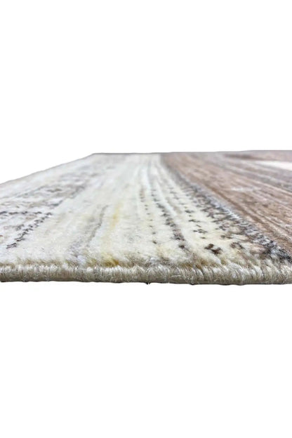Rug edge with short pile and woven texture, beige and taupe
