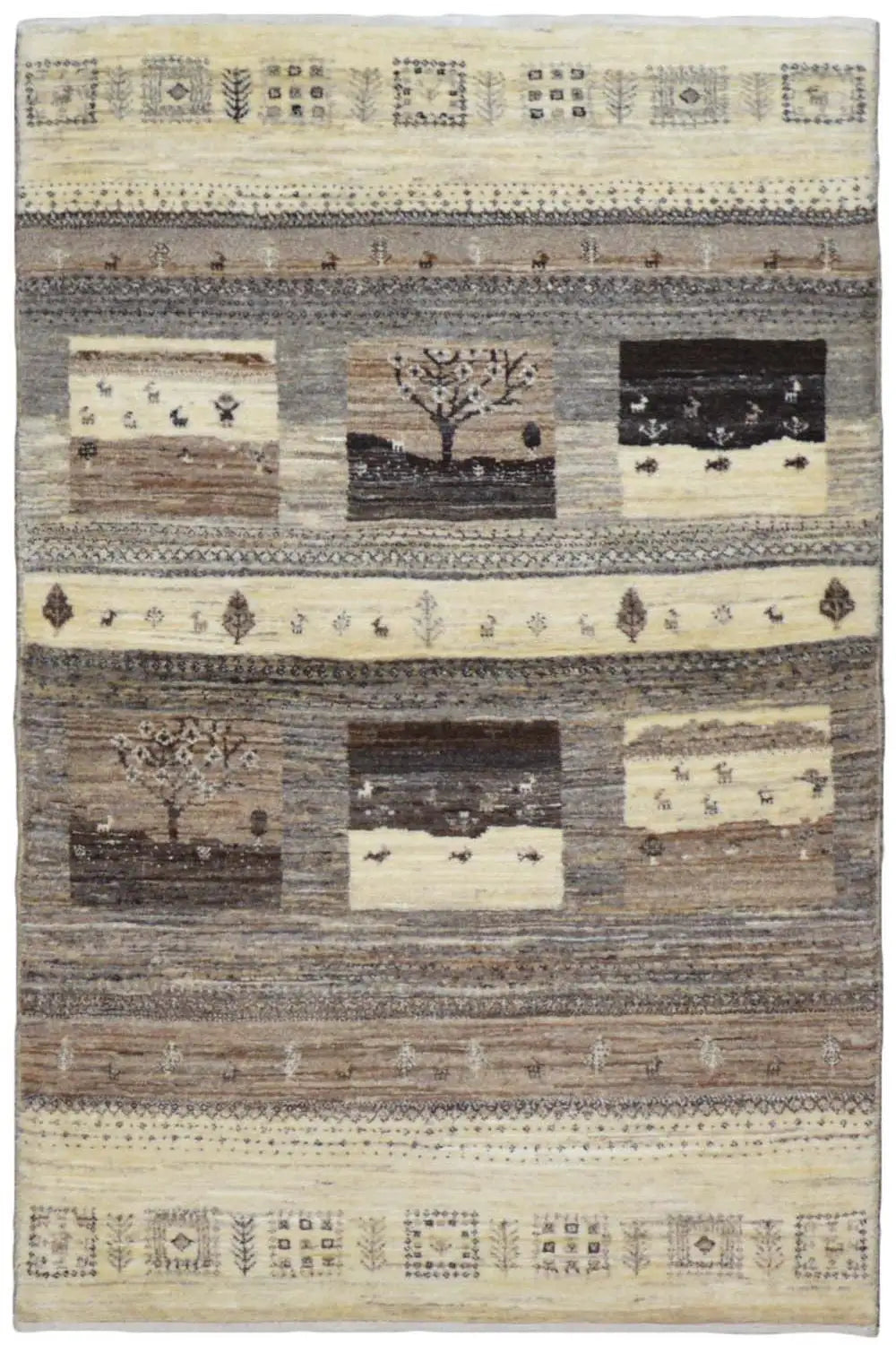 Gabbeh rug 142x81 cm with patterned stripes in beige and dark brown