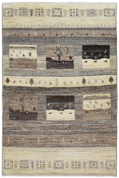 Gabbeh rug 142x81 cm with patterned stripes in beige and dark brown