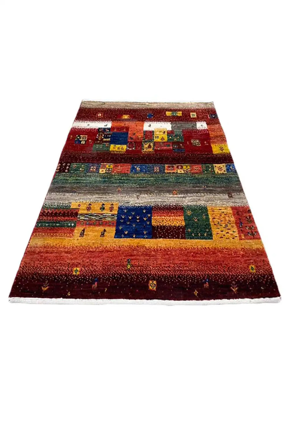 Gabbeh rug, laid flat, with colorful tile patterns in red, blue, and yellow.