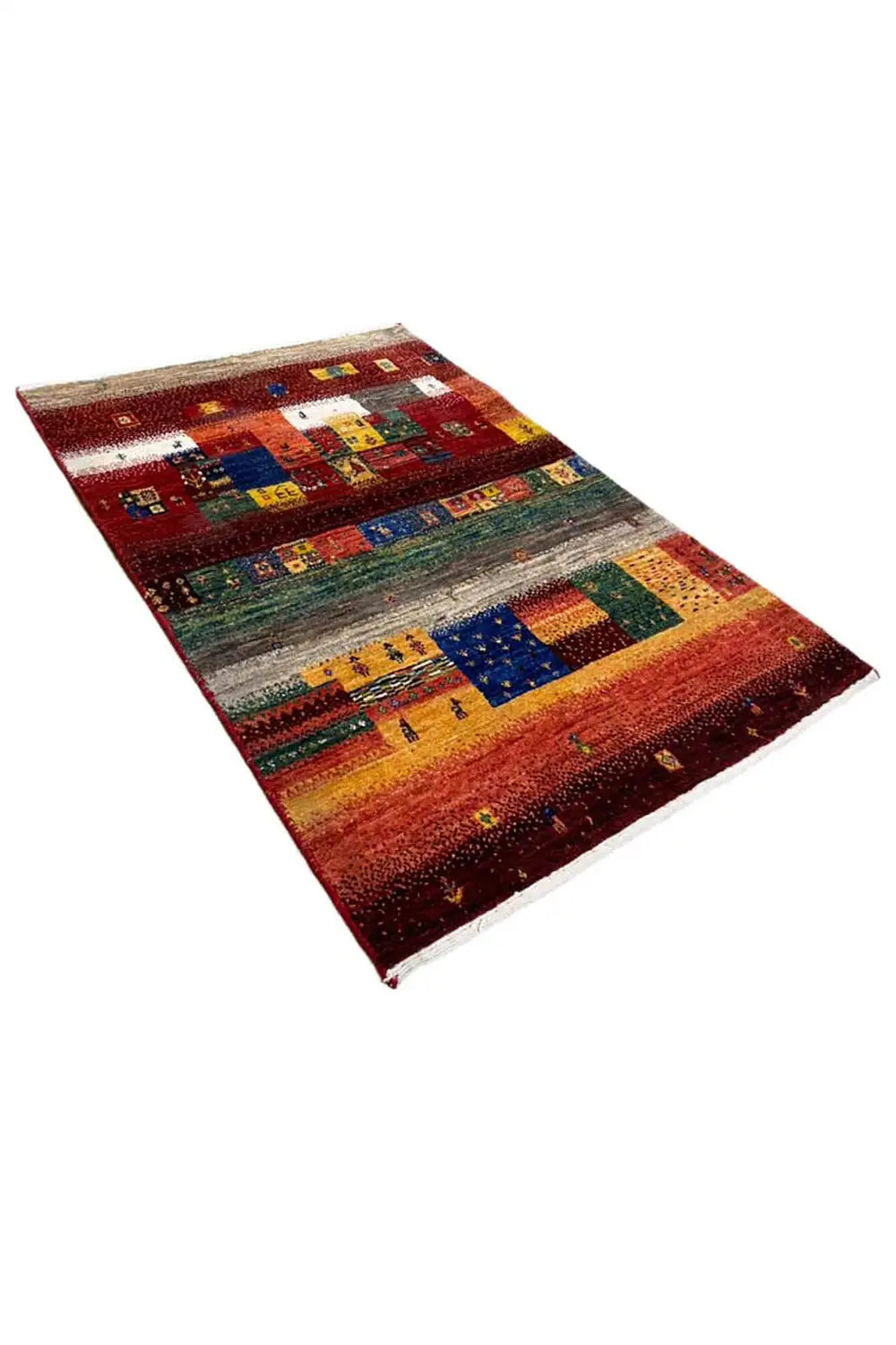 Gabbeh rug at an angled perspective with colorful squares and medallion details.