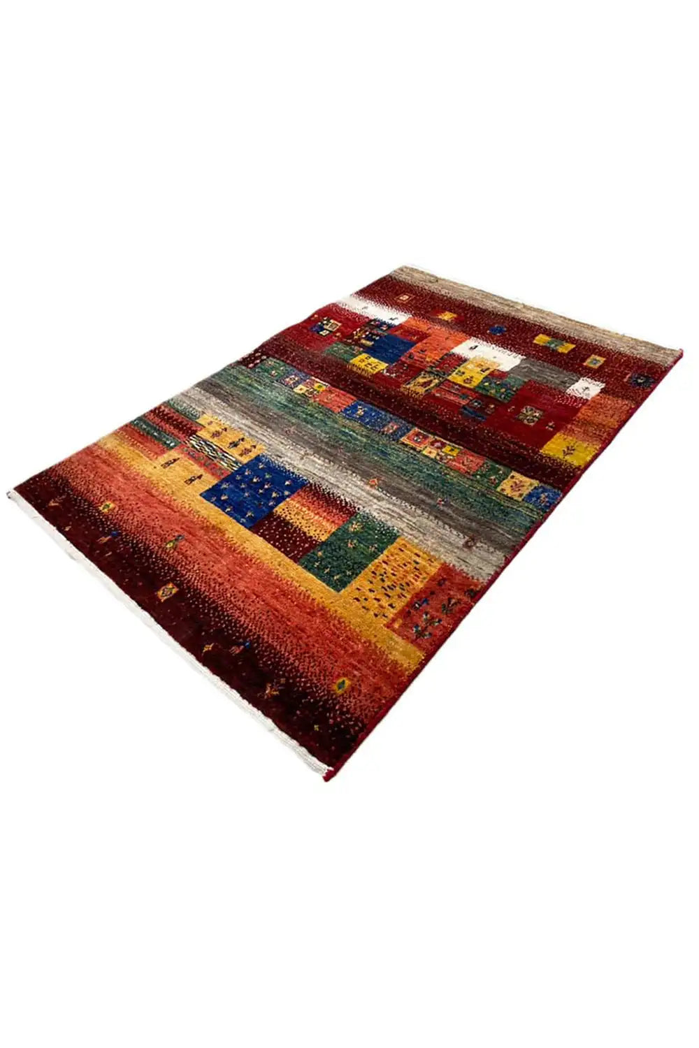 Gabbeh rug with a border and colorful geometric panels, red background.